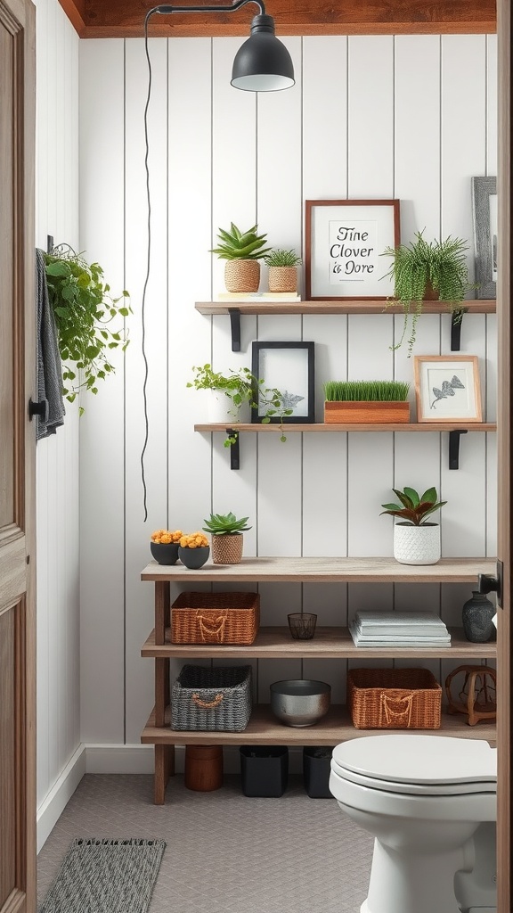 Gray and white bathroom featuring rustic gray wood shelving with plants and decorative items