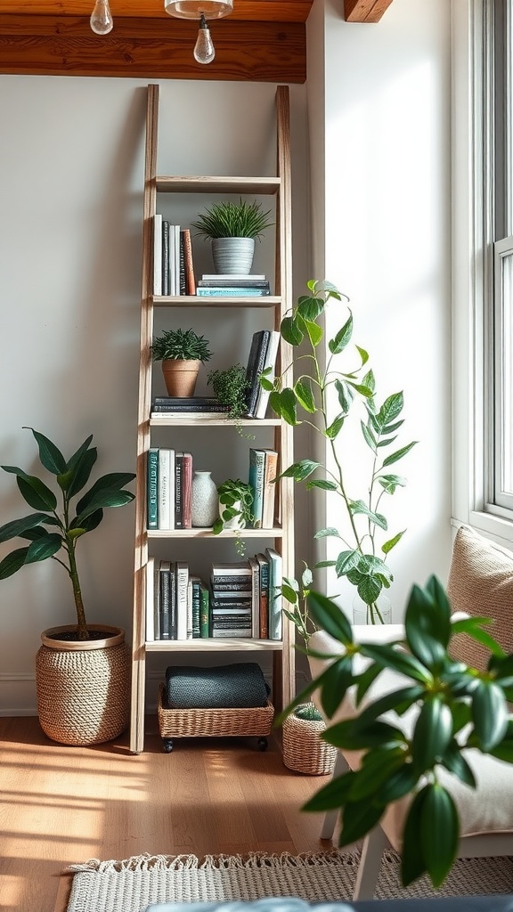 A rustic grey ladder shelf with potted plants and books in a bright living room setting.