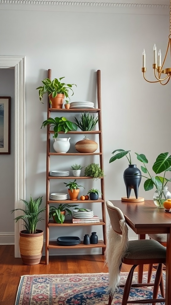 A rustic wooden ladder display adorned with plants and decorative ceramics in a farmhouse dining room.