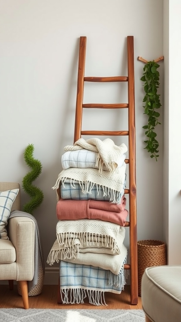 Rustic wooden ladder with blankets stacked on it, next to a cozy couch and plants