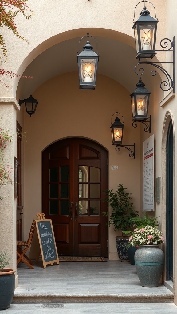 Entrance hall with rustic lanterns hanging above a welcoming front door, featuring potted plants and a chalkboard sign.