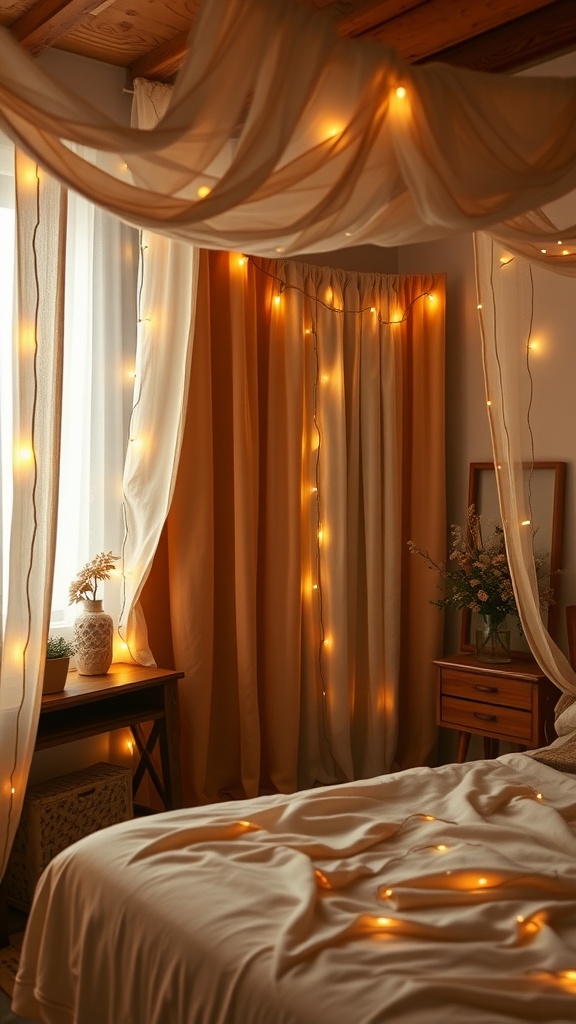 A cozy bedroom with draped fabric and fairy lights, featuring a wooden bedside table and soft bedding.