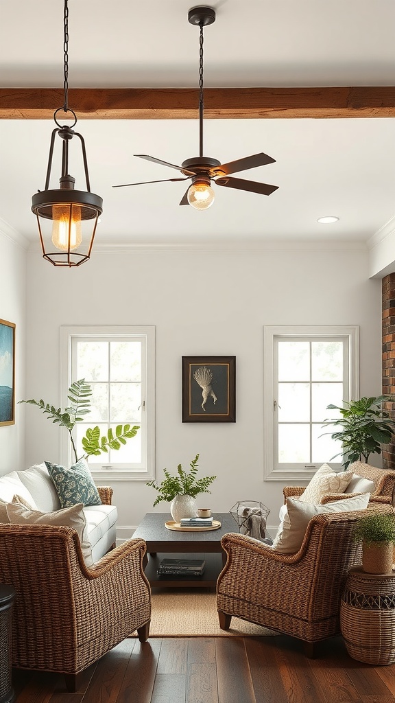 A modern farmhouse living room featuring rustic lighting fixtures and natural elements.