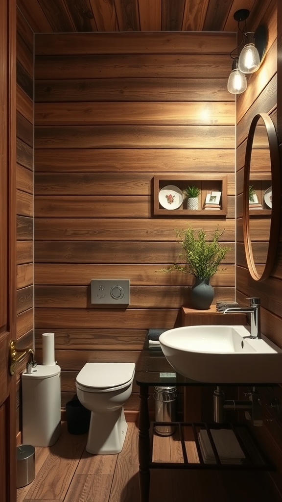 A cozy bathroom featuring a rustic plank wall, round mirror, and decorative items.