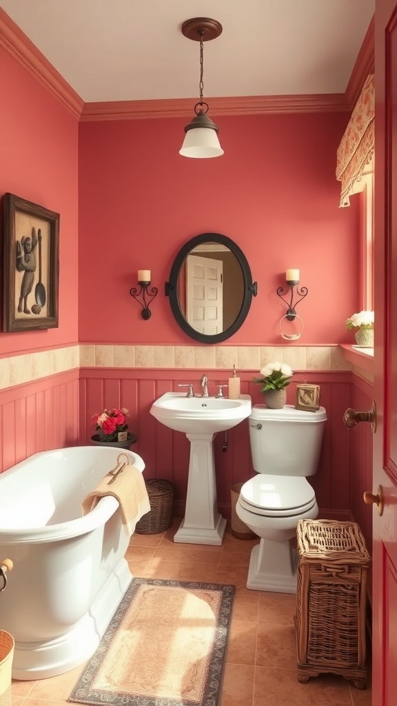 A bathroom featuring rustic red walls with cream accents, a clawfoot tub, and a pedestal sink.