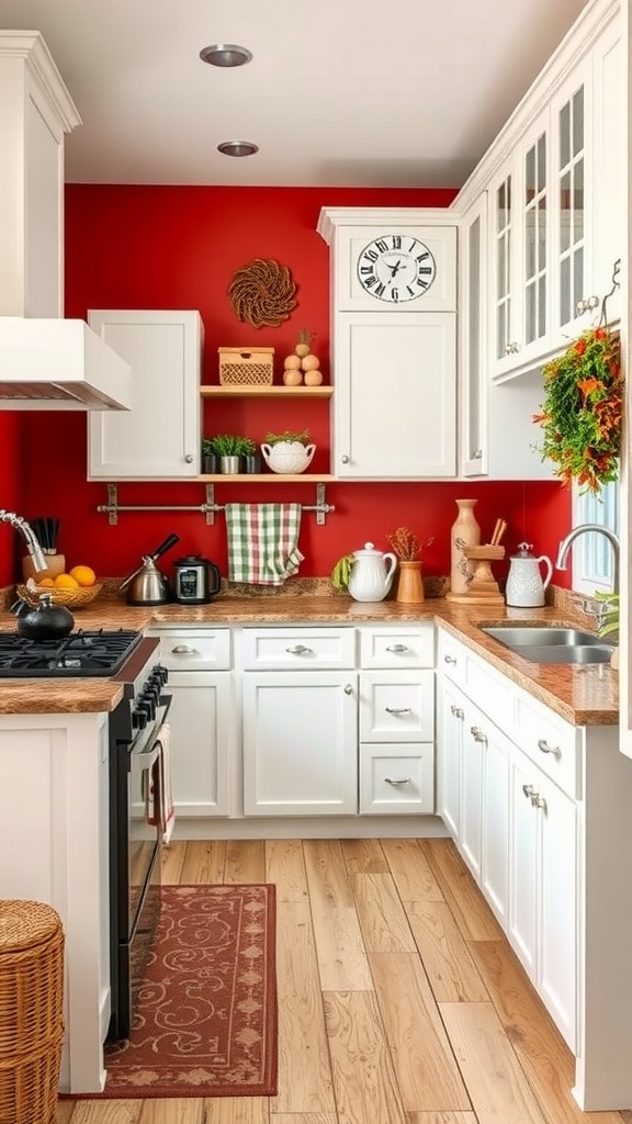 A cozy kitchen with rustic red walls, white cabinets, and wooden countertops, showcasing a vibrant farmhouse style.