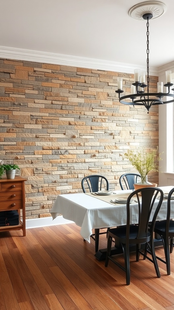 A cozy dining room featuring a rustic stone wall, wooden floor, and simple wooden furniture.