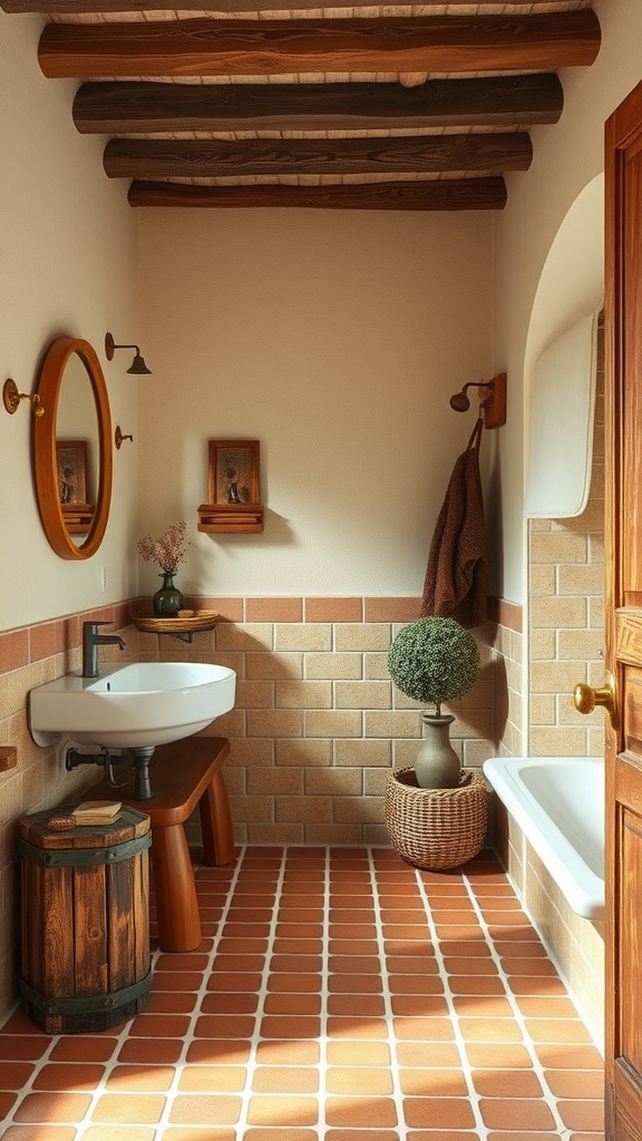 A rustic bathroom featuring terracotta tiles and cream walls, with wooden accents and natural decor.