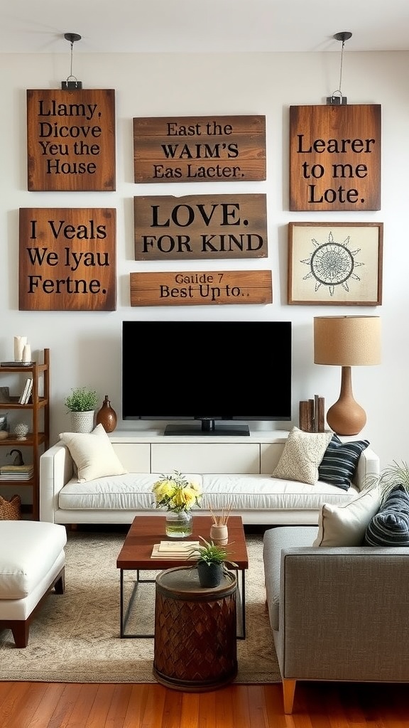 A cozy living room featuring a collection of wooden signs as wall art, with a comfortable sofa and decor elements.