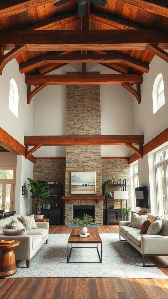 A modern farmhouse living room with rustic wood beams, a stone fireplace, and contemporary furniture.