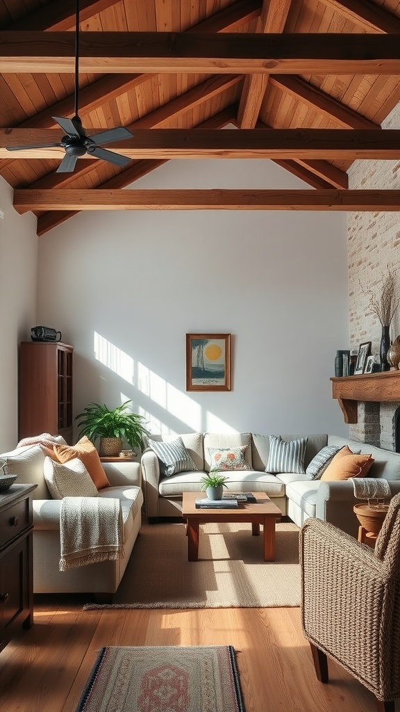 A cozy farmhouse living room featuring rustic wood beams, soft textiles, and natural light.