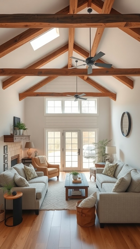 Living room featuring rustic wood beams and cozy decor
