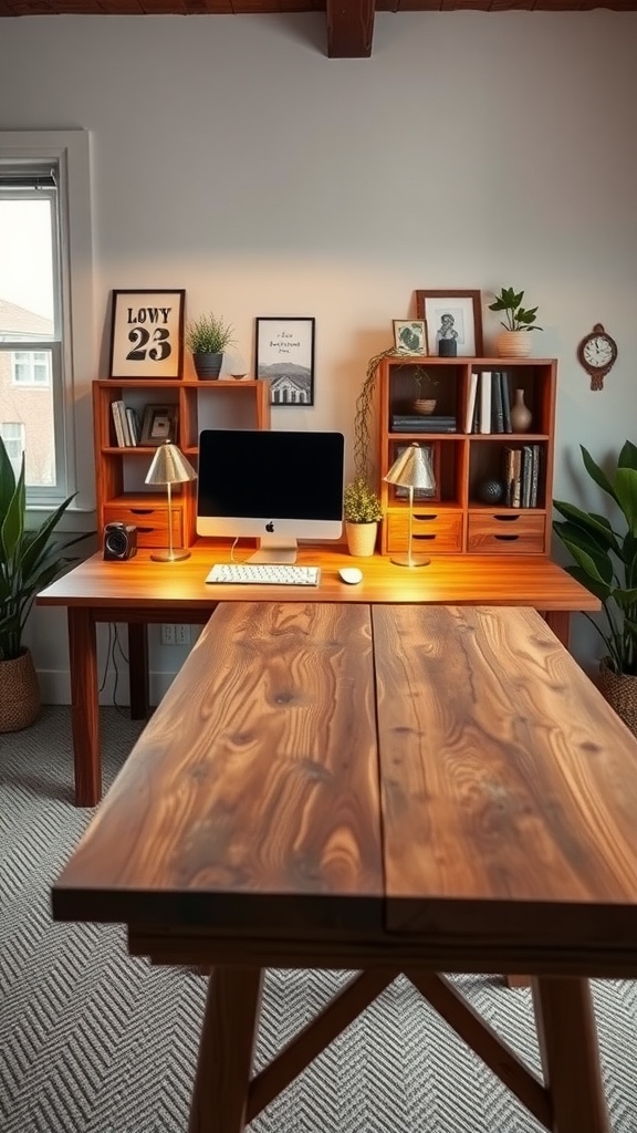 A rustic wood double desk configuration featuring a spacious tabletop, monitor, desk lamps, and decorative shelves.