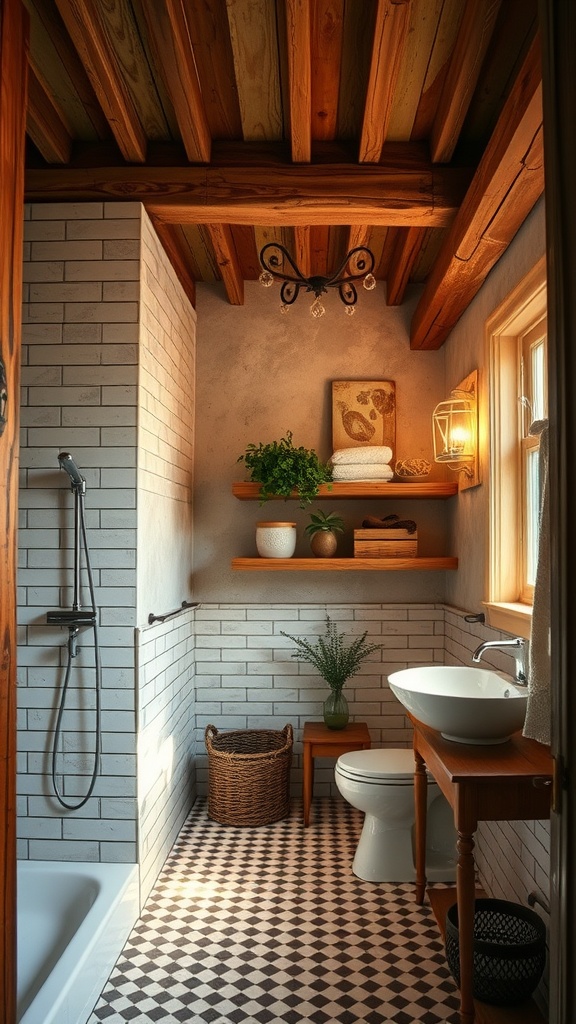 A rustic bathroom with wooden beams and shelves, featuring modern tiles and natural decor.