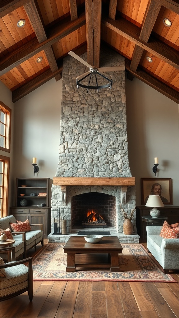 A cozy farmhouse living room featuring rustic wooden beams, a stone fireplace, and inviting furniture.