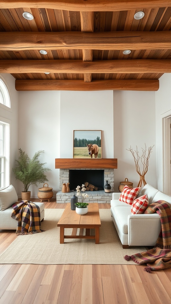 A cozy living room with rustic wooden beams, a fireplace, and comfortable textiles