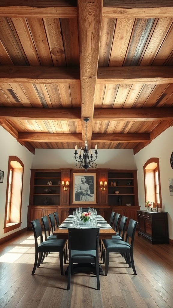 A dining room with rustic wooden beams in the ceiling, featuring a long wooden table and black chairs.