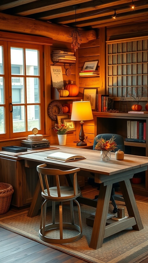 A cozy home office featuring a rustic wooden desk, chair, lamp, and autumn decorations.