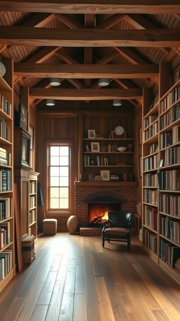 A cozy home library featuring rustic wooden shelves, a fireplace, and a comfortable chair