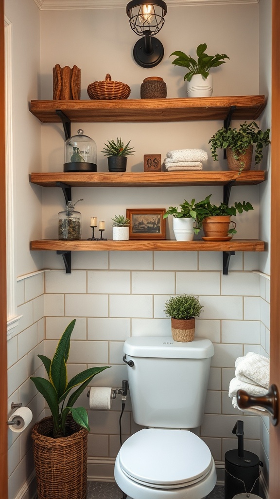 Rustic wooden shelves displaying plants, towels, and decorative items in a cozy bathroom.