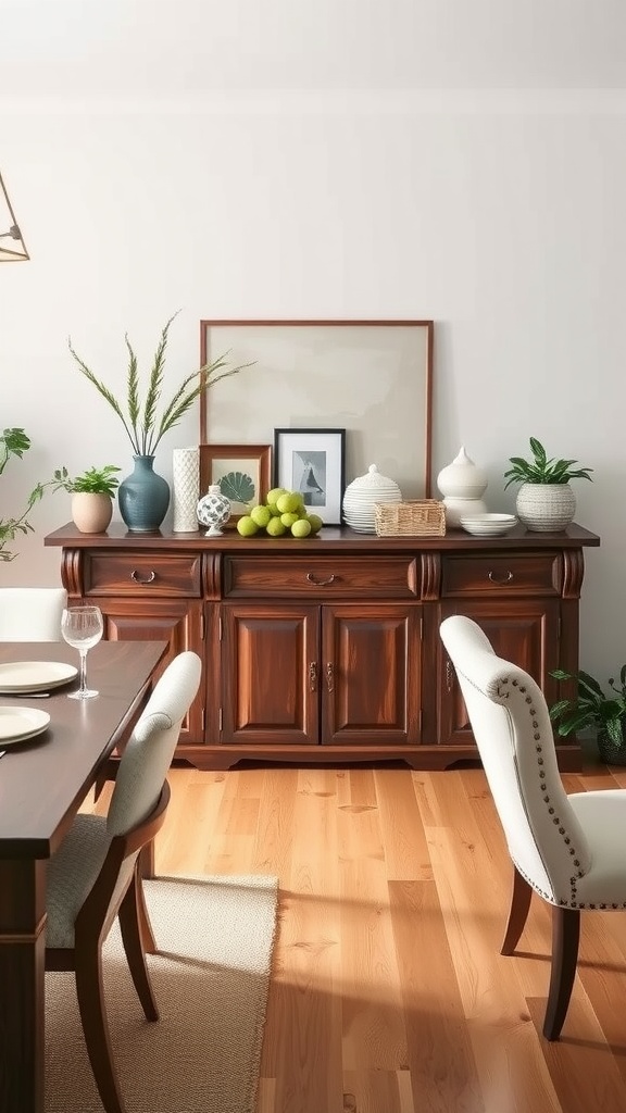 A rustic wooden sideboard in a cozy dining room with decorative items and plants.