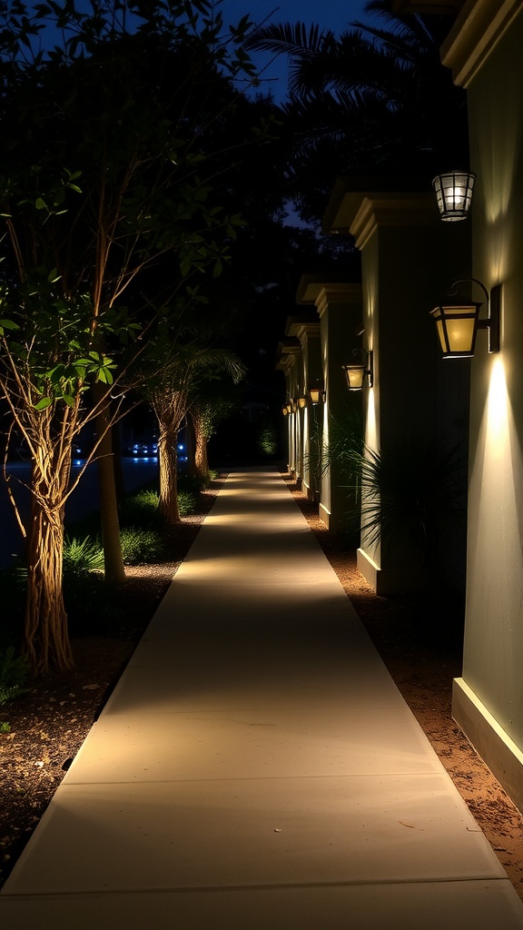 A well-lit outdoor pathway surrounded by greenery and lanterns, ensuring safety at night.