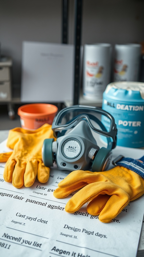 Safety gear for paint spraying including gloves, a respirator, and goggles.