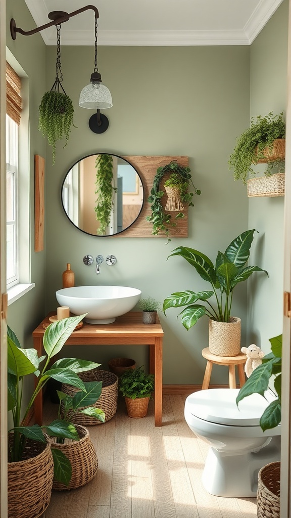 A small bathroom painted in sage green, featuring wooden accents and various plants.