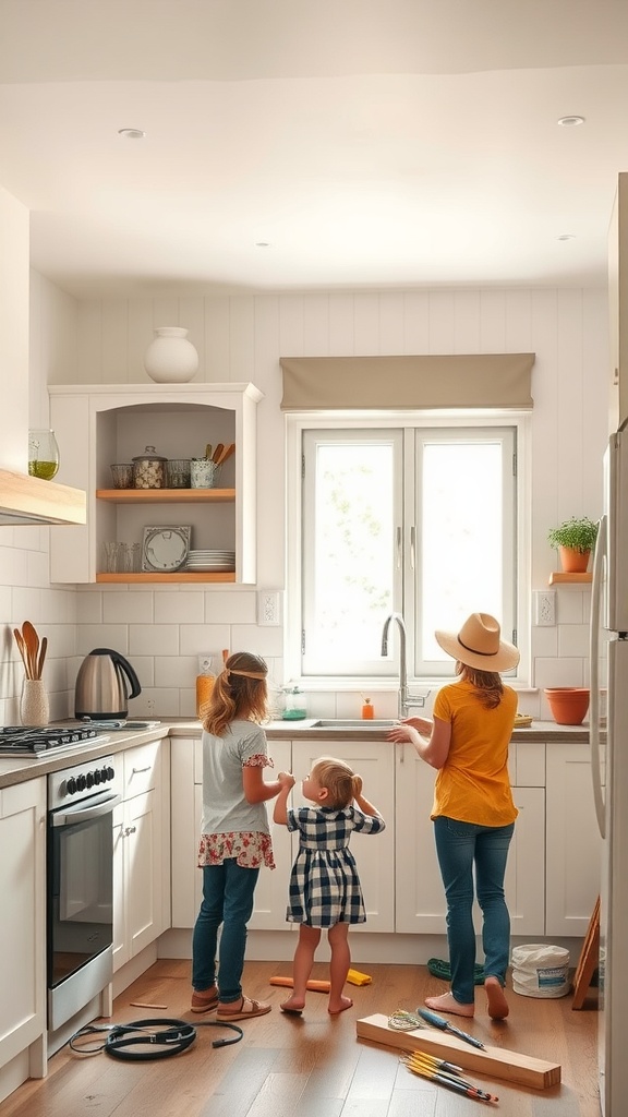 A family working together in a kitchen renovation with three children at the sink.