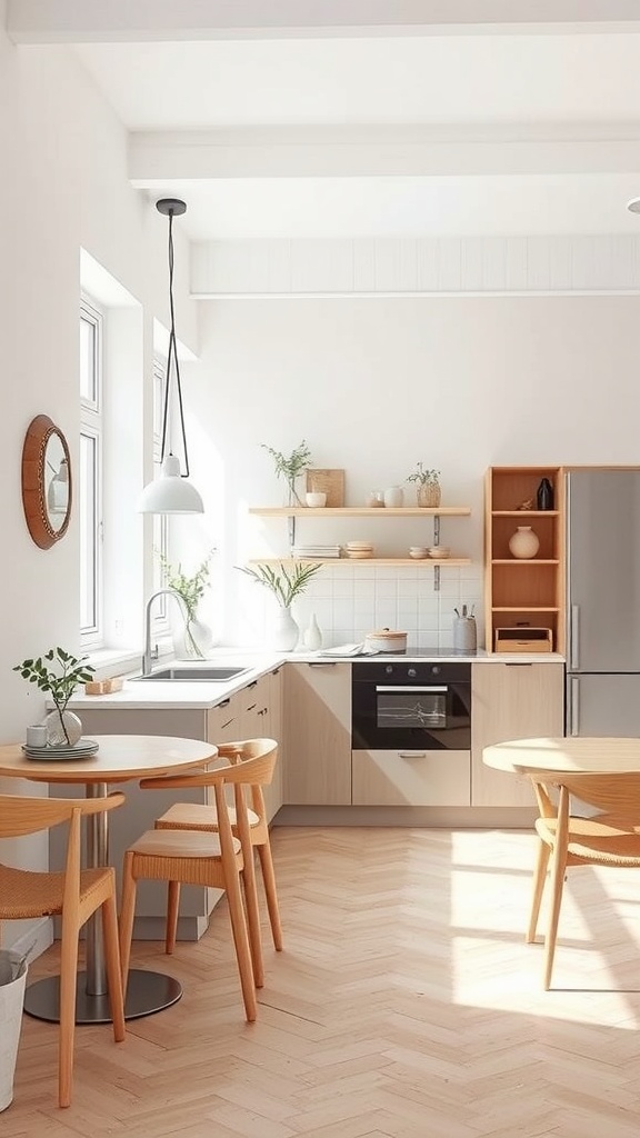 A light and airy Scandinavian kitchen with wooden accents and a cozy dining area.
