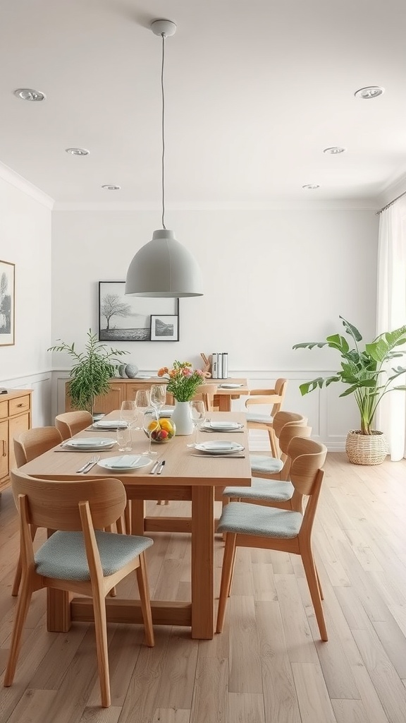 A chic Scandinavian dining room featuring a wooden table, light wood chairs, and greenery.