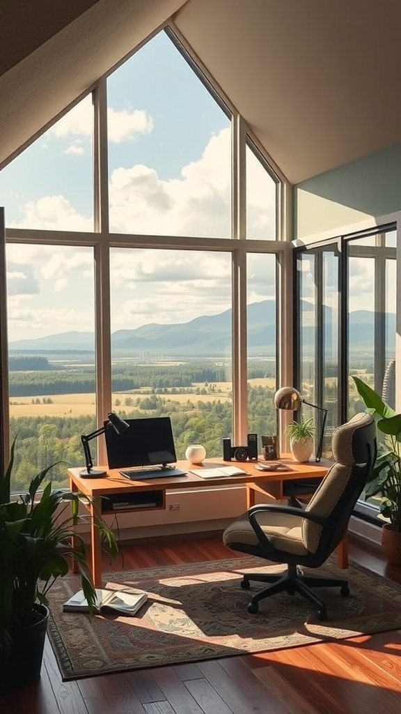 A modern home office with large windows showcasing a scenic view of hills and a blue sky.