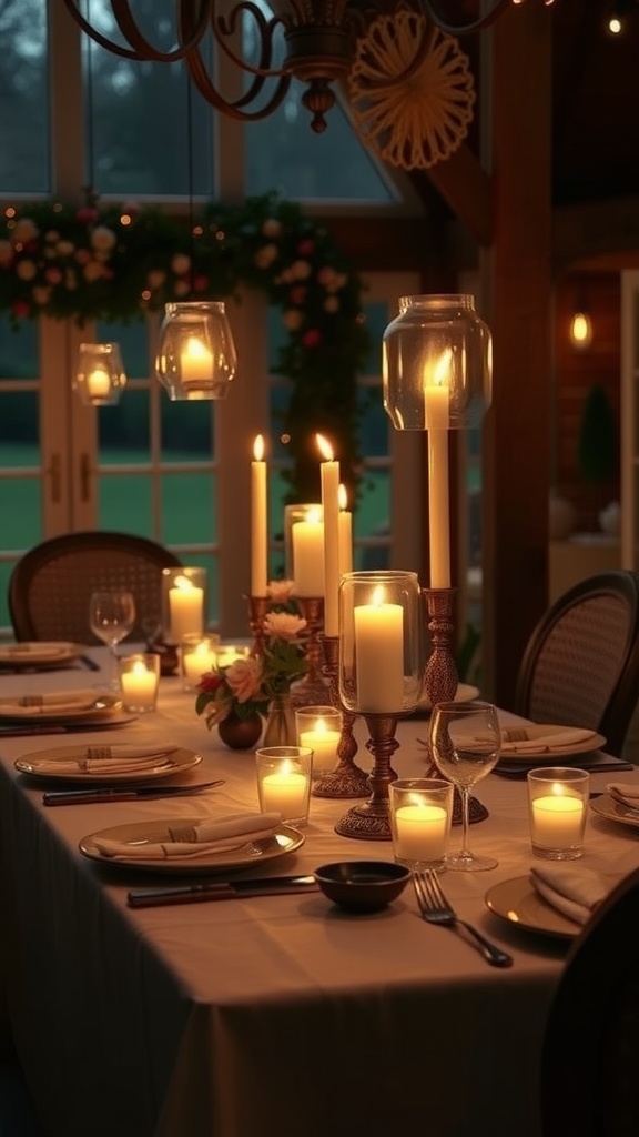 Cozy dining room with candles and lanterns creating a warm atmosphere