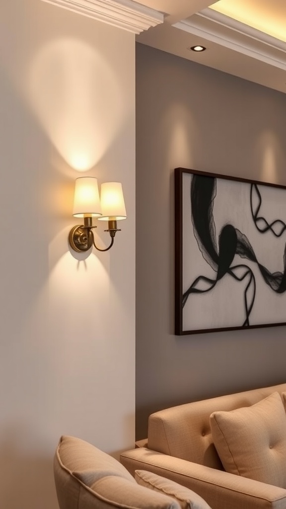 A stylish sconce mounted on a wall beside a modern artwork, creating a warm and inviting atmosphere.