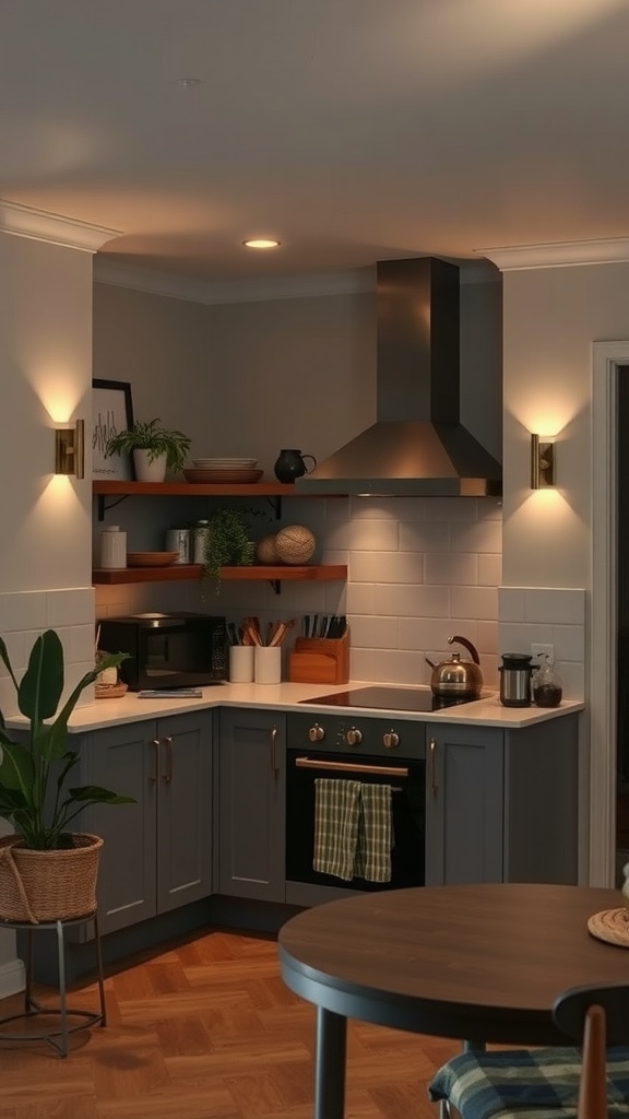 A modern kitchen with stylish wall sconces providing ambient light, showcasing a sleek cooking area and cozy decor.