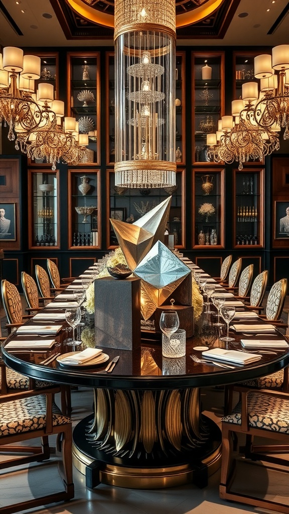 Luxurious Italian dining room featuring a sculptural centerpiece on an elegant table with chandeliers in the background.