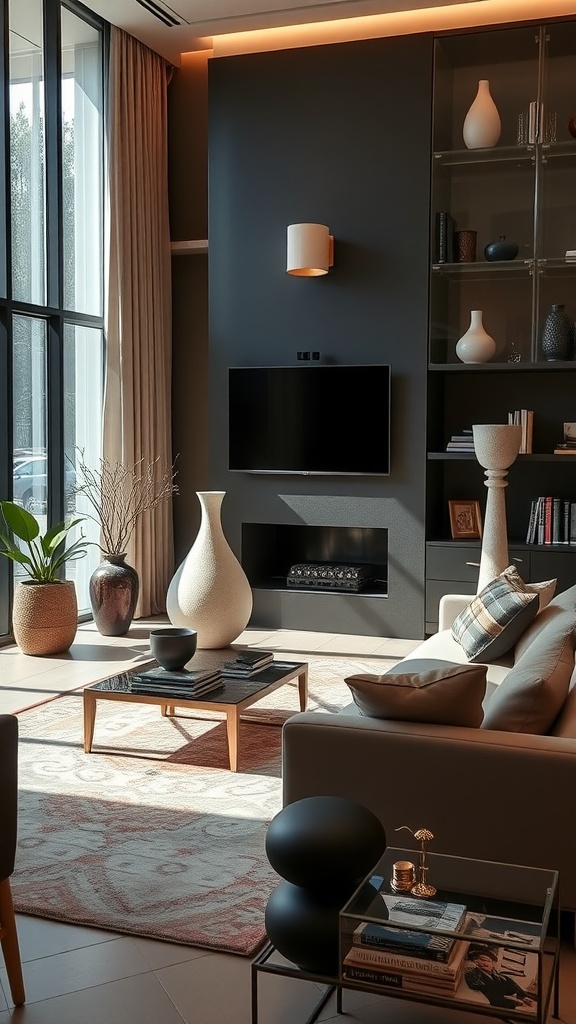 A modern living room with sculptural decor pieces, including a tall vase, round black sculpture, and stylish furnishings.