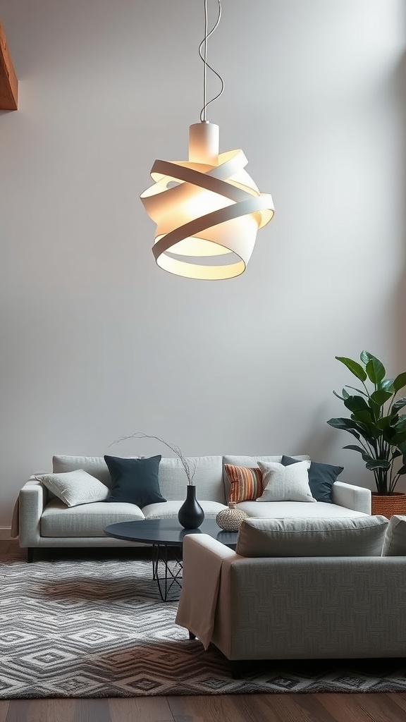 A modern living room with a sculptural pendant light hanging above a light-colored sofa.