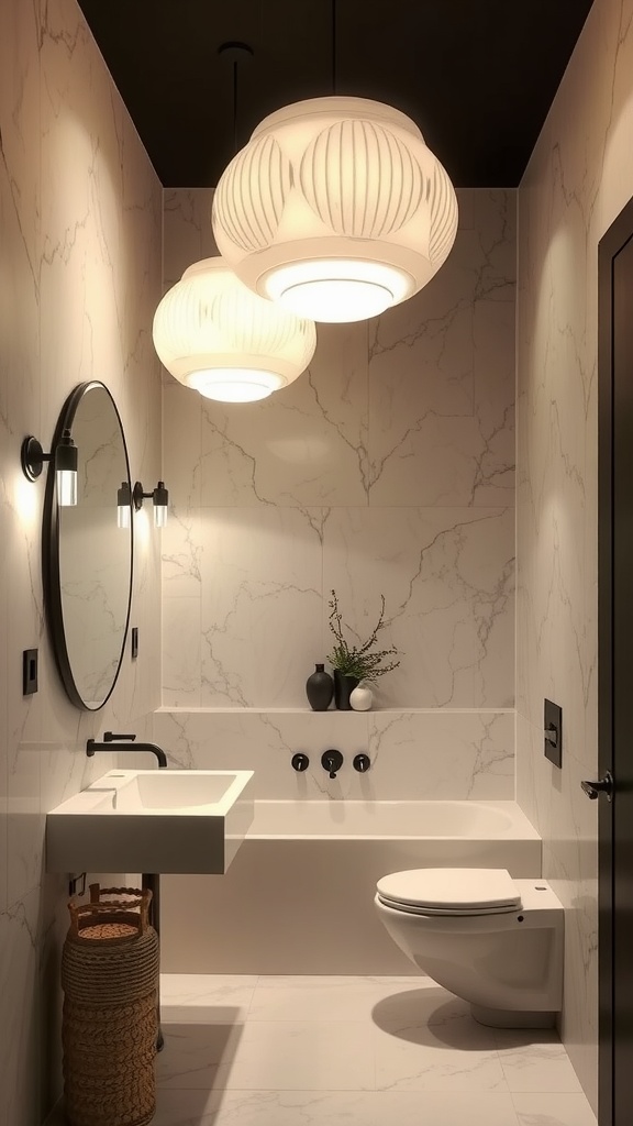 A modern bathroom featuring sculptural hanging lights and a minimalist design.