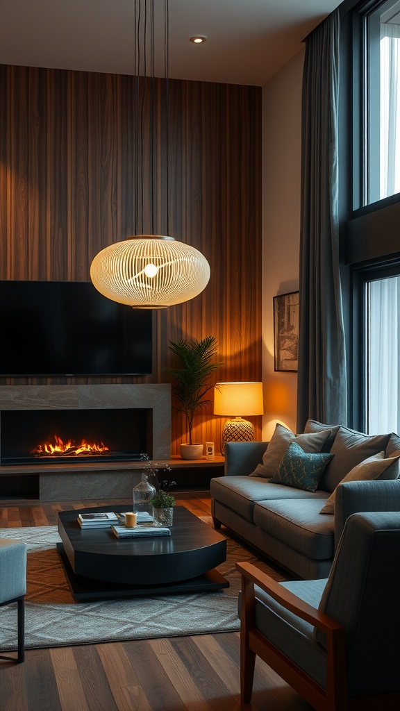 A cozy living room featuring a sculptural pendant light, warm wood accents, and a comfortable seating arrangement.