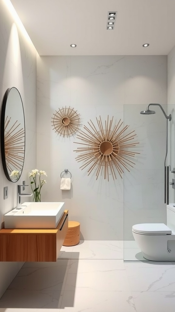 Modern bathroom featuring sculptural wall art installations