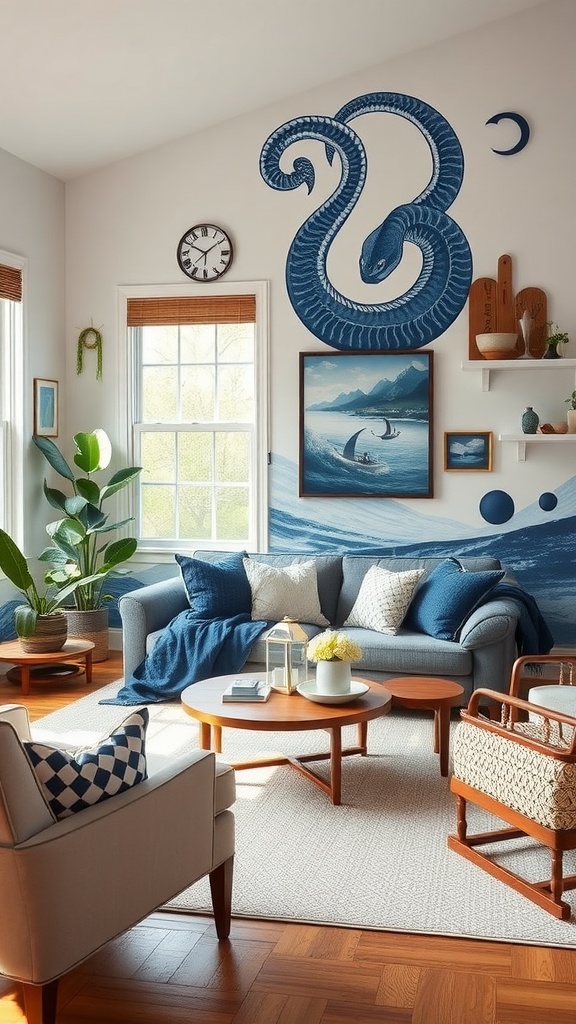 A cozy living room featuring Sea Serpent SW 7615 paint color with a snake mural, blue decor, and natural lighting.