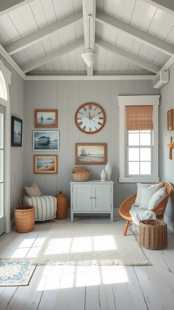 A cozy room featuring Seafoam Gray walls, wooden accents, and coastal decor.