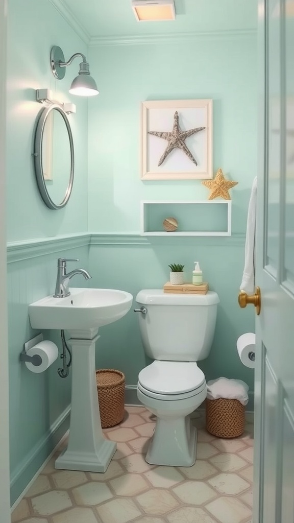 A small bathroom painted in seafoam green with simple decor and modern fixtures.