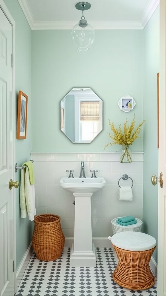 Small bathroom with seafoam green walls, white fixtures, and woven baskets