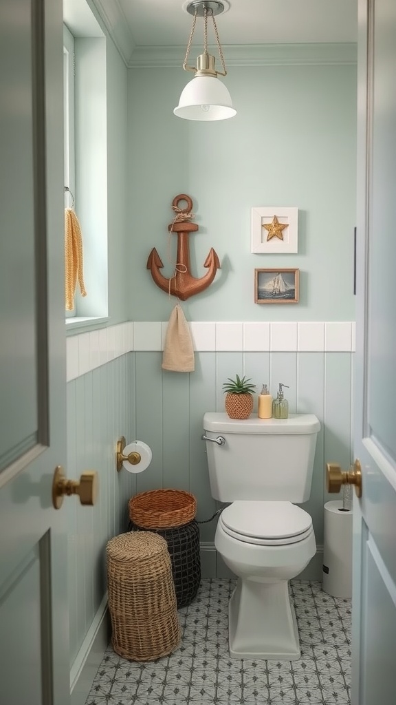 A small bathroom painted in seafoam green featuring nautical decor and natural elements