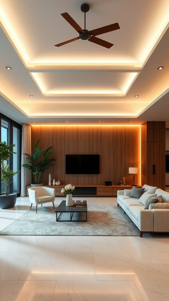 Modern living room with seamless lighting integration, featuring a ceiling fan, recessed lights, wooden accents, and cozy furniture.