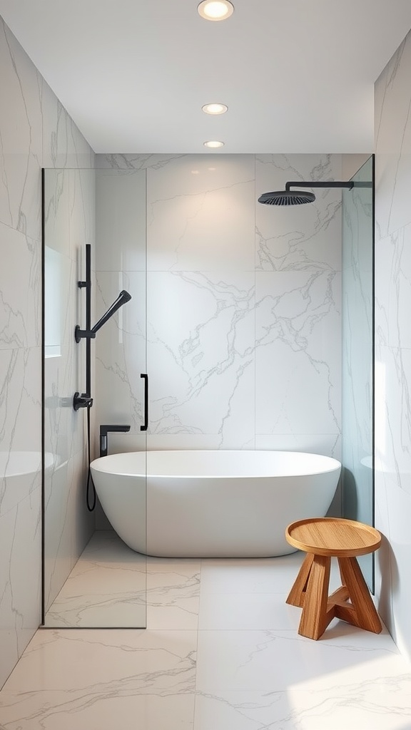 A modern bathroom featuring a seamless glass shower, freestanding bathtub, and wooden stool, all set against elegant marble tiles.