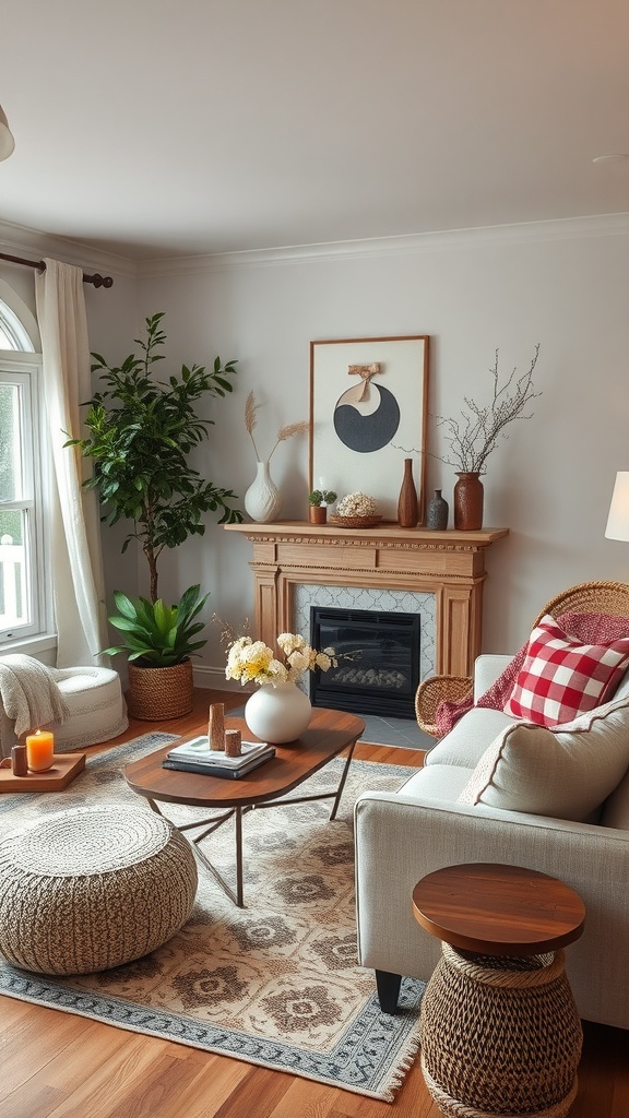 Cozy country farmhouse living room with neutral tones, plants, and seasonal decor.