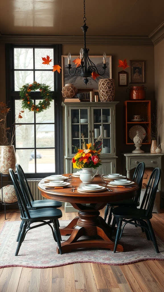 A cozy and rustic dining room decorated for autumn with a round wooden table, seasonal leaves, and floral centerpieces.